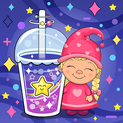 Vector illustration of dwarf woman and a cup of colorful water on a dark blue background with stars and dots.