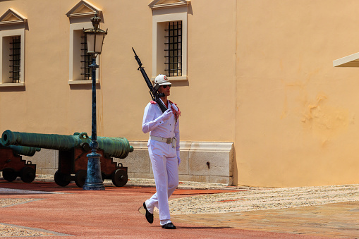 Monaco-Ville, Monaco - May 18, 2023: Guard at Prince's Palace of Monaco