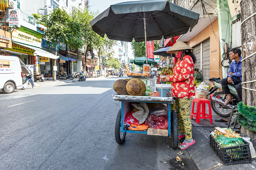 Vietnamese woman sells fruit on the street in downtown Ho Chi Minh City, Vietnam