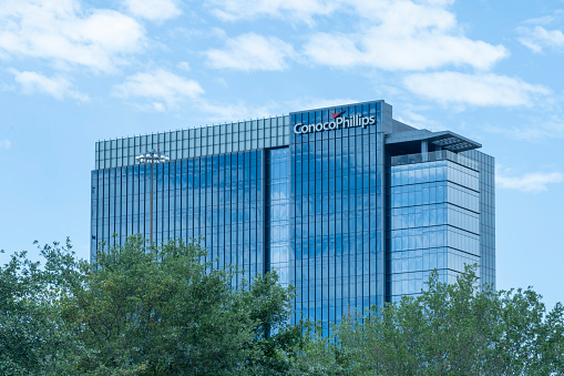 Houston, USA - April 13, 2024: ConocoPhillips headquarters in Houston, Texas, USA. ConocoPhillips Company is an American corporation engaged in hydrocarbon exploration and production.