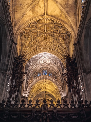 Interior of the La Giralda Cathedral in Seville, Spain, Andalusia, gothic architecture