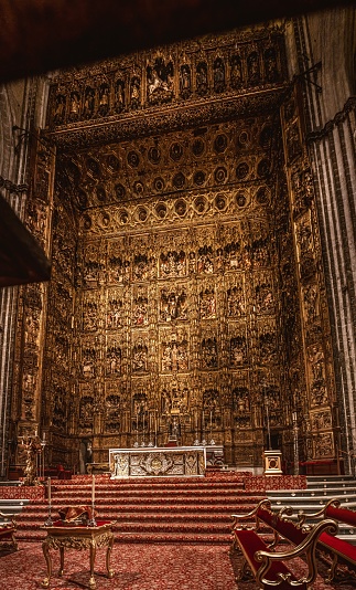 Main altar of the La Giralda Cathedral in Seville, Spain, Andalusia, gothic architecture