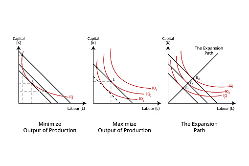 isocost in economics for optimum input combination for Minimum output, Maximum Output, expansion path