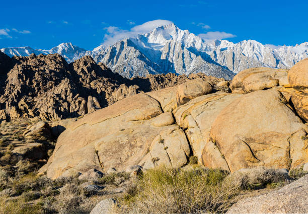 The Eroded Landscape of The Alabama Hills and The Snow Capped Sierra Nevada Range, Alabama Hills National Scenic Area, California, USA