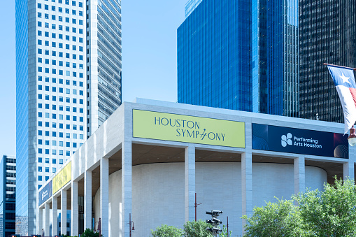 Houston, Texas, USA - April 4, 2024: Jones Hall in Houston, Texas, USA. Jones Hall for the Performing Arts is home to Houston Symphony, the Society for the Performing Arts.