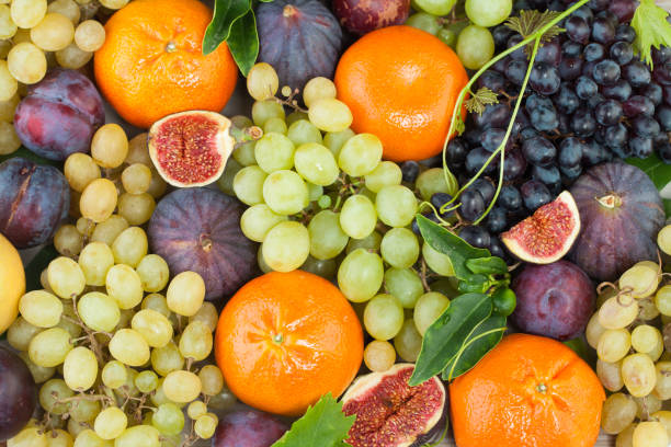 istock Greek fruit food background. Colorful fruit and berries 2149391897