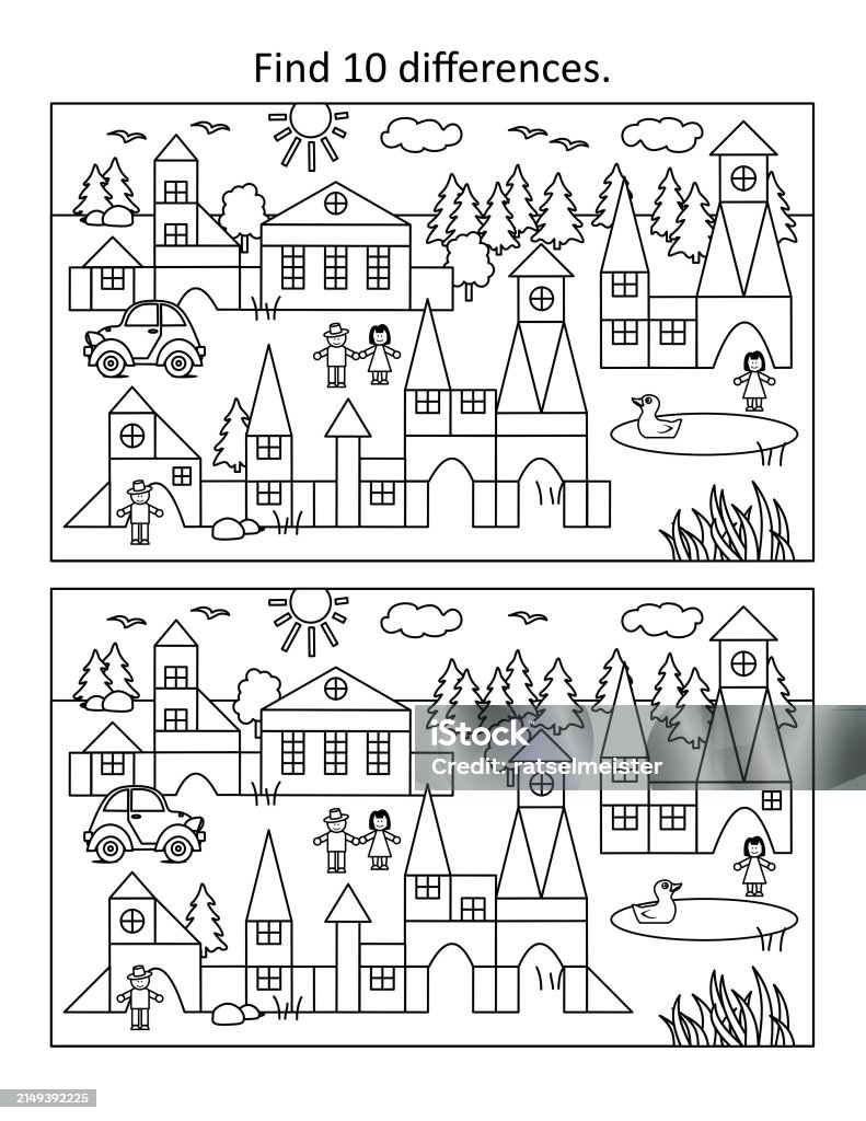 Difference game and coloring page activity with toy town scene Puzzle stock vector Difference game and coloring page activity with toy town scene Puzzle stock vector