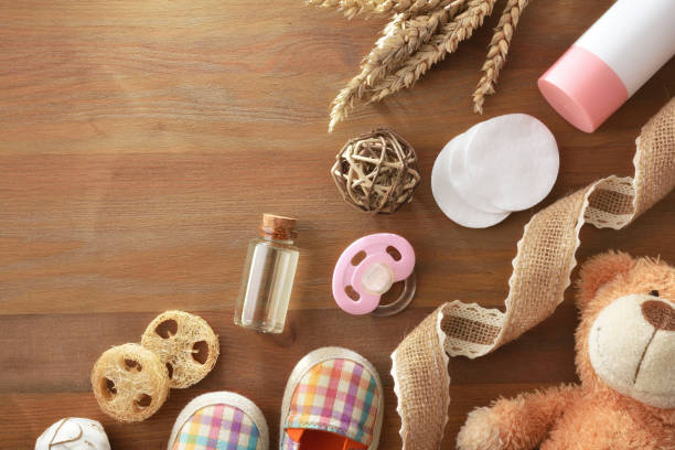 istock Background with baby grooming accessories on wooden table 2149393048