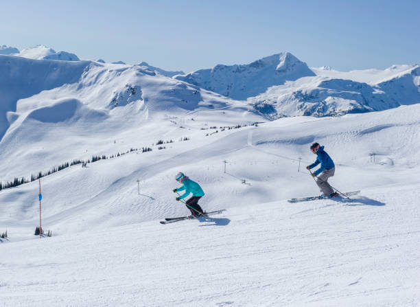 istock Friends ski down slope at ski resort 2149394268