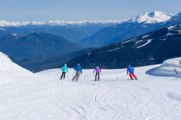 istock Friends ski down slope at ski resort 2149394281