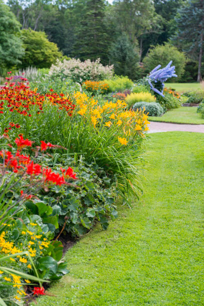 Multicolored flowerbeds in Botanical garden. Gothenburg, Sweden.