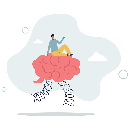 businessman riding human brain with springboard.flat vector illustration.
