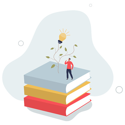 man with book stack with light bulb plant.flat vector illustration.
