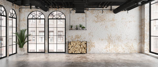 istock Empty room Industrial loft style interior with brick wall.Panorama view.3d rendering 2149397404