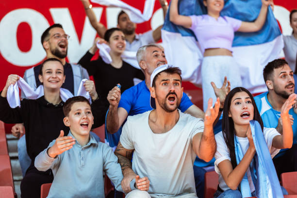 Blurred stadium crowd of fans sitting on tribune watching match on daytime. 3D render of outdoor baseball arena, stadium. Concept of professional sport, competition, championship, game