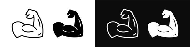 Muscle icon. Bicep symbol. Strong arm vector illustration. Gym logo. Bodybuilding fitness concept. Athlete flexing hand sign. Muscular power pictogram on a white and black background. Muscle icon. Bicep symbol. Strong arm vector illustration. Gym logo. Bodybuilding fitness concept. Athlete flexing hand sign. Muscular power pictogram isolated on a white and black background. muscle strength icon stock illustrations