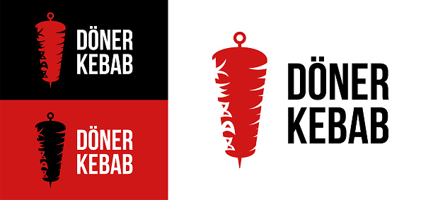Doner Kebab logo. Fast food eatery banner creative design. DÃ¶ner Kebab logotype. Shashlik vector illustration. Arabic BBQ label. Shawarma emblem. Halal meat icon. Skewer badge isolated.