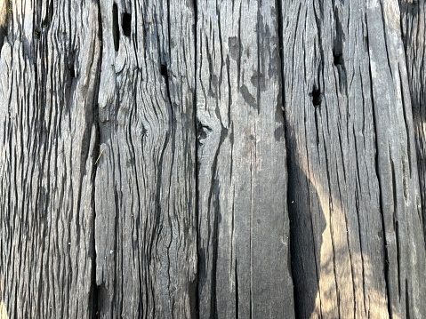 Texture of weathered wooden surface with deep grooves and grain patterns for background