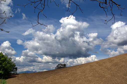 view of plowed field against cloudy sky