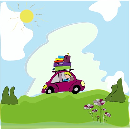 Car travel and tourism, burgundy car with luggage riding off road in green meadows among trees, birds, sun, clouds. A Boy on Holiday with Road Trip