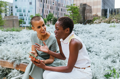 Serious businesswomen discussing corporate strategies and technology using their smartphones while networking outdoors in a multicultural and diverse urban garden setting