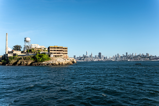 Alcatraz Island seen from ferry boat during springtime day in San Francisco