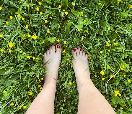 Women's legs are standing on the juicy bright green grass. Summer photo landscape.