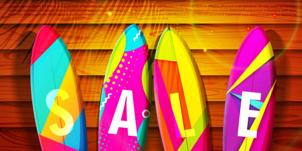 istock Summer discount concept in cartoon style. Multicolored modern surfboards on abstract wooden background with discounts. Stylish vector banner for sales. 2149408558