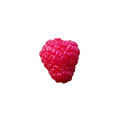 Close-up image of a juicy raspberry, highlighting its detailed surface and rich color, conveying freshness; suitable for culinary arts or health and wellness themes.