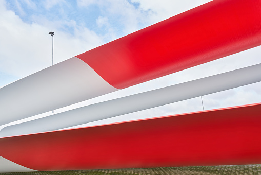 Storage area for wind turbine rotor blades in an industrial area in Magdeburg in Germany