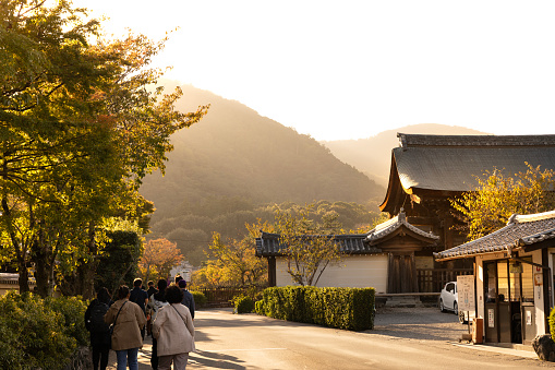 Kyoto, Japan - October 10, 2023: A view looking down a street in the hilly region around the Arashiyama region of Kyoto at golden hour sunset.