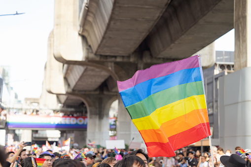 Gay Asian couple smiling and enjoying Pride parade