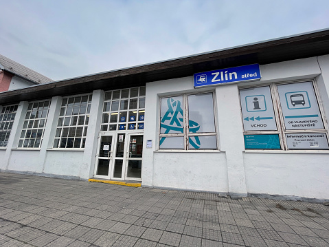 Zlín, Czech Republic - February 15, 2024: Entrance to the building of the central train station in Zlín.