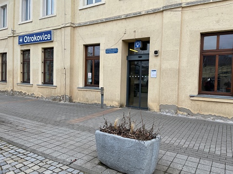 Otrokovice, Czech Republic - February 15, 2024: Entrance to the building of the central train station.