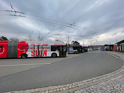 Otrokovice, Czech Republic - February 15, 2024: Trolleybus parking and station.