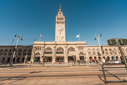 San Francisco, California, April 8, 2024. San Francisco's Ferry Building stands under a clear sky, a hub of activity and transportation.