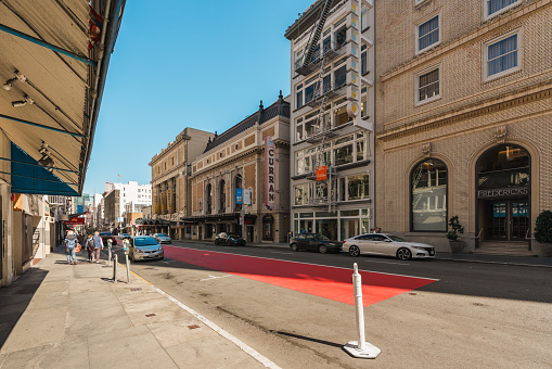 San Francisco, California, April 8, 2024. Sunny day on a San Francisco street with a view of the Curran Theatre