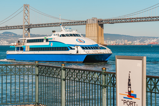 San Francisco, California, April 8, 2024. Seafaring gateway: A ferry boat anchors at the bustling San Francisco waterfront.