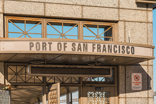 San Francisco, California, April 8, 2024. Signage at the entrance of the Port of San Francisco indicates a no drone zone.