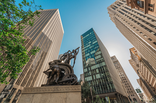 San Francisco, California, April 8, 2024. The Mechanics Monument, also known as Mechanics Statue, is a bronze sculpture group by Douglas Tilden.