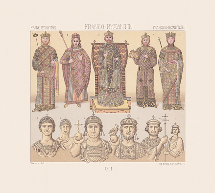 Emperors and Empresses of the Byzantine Empire (Eastern Roman Empire): 1, 3, 5) Nikephoros III Botaneiates (Byzantine emperor, 1002 - 1081) and his wife Maria of Alania; 2) Constantine Palaiologos (third son of Michael VIII Palaiologos, 1261 - 1306) 4) Nikephoros III Botaneiates in domestic costume; 6-7) Heraclius (Byzantine emperor, ca. 575 - 641) and his first wife Fabia Eudokia; 8) Justinian II (Byzantine emperor, 668/669 - 711); 9) Philippicus Bardanes (Byzantine emperor, ? - 713); 10) Leo IV (Byzantine emperor, 750 - 780) ; 11) Constantine VI (Byzantine emperor, 771 - before 805). Chromolithograph from the book 