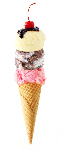 istock Triple scoop ice cream cone with cherry on top isolated on a white background 2149418392