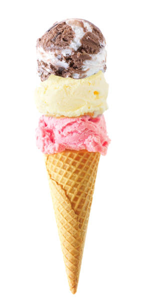 istock Triple scoop ice cream cone isolated on a white background. Chocolate heavenly hash, vanilla and strawberry flavors in a waffle cone. 2149418415