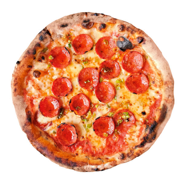 Wood fired pizza with crispy pepperoni isolated on a white background