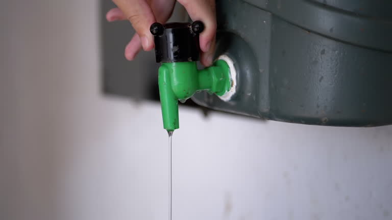 Child Hand Opens and Closes a Dirty Old Water Faucet on a Plastic Washbasin