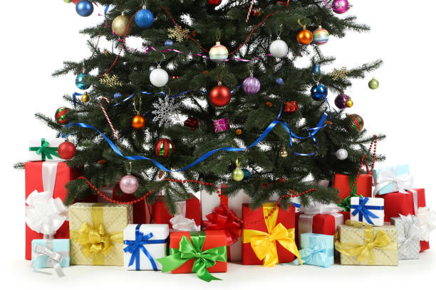 istock Christmas fir tree with ornaments and gift boxes isolated on white background 2149420392