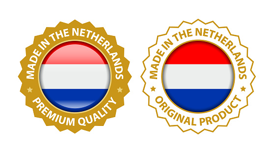 Made in the Netherlands. Vector Premium Quality and Original Product Stamp. Glossy Icon with National Flag. Seal Template