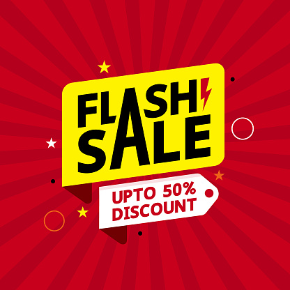 Flash Sale template design with up to 50% off offering tag. Business promotional advertisement banner. Discount modern sticker design with geometric shapes on red color background. Final sale tag.