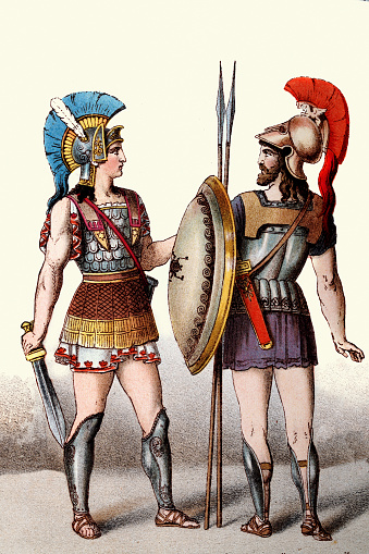 Vintage illustration Greek Hoplite warriors armed with sword spear and shield, Crested helmet, Costumes fashions of Ancient Greece