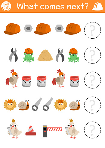 What comes next. Construction site logical activity for preschool children with hard hat, tools, animals. Building works or repair service logic succession worksheet. Continue the row game